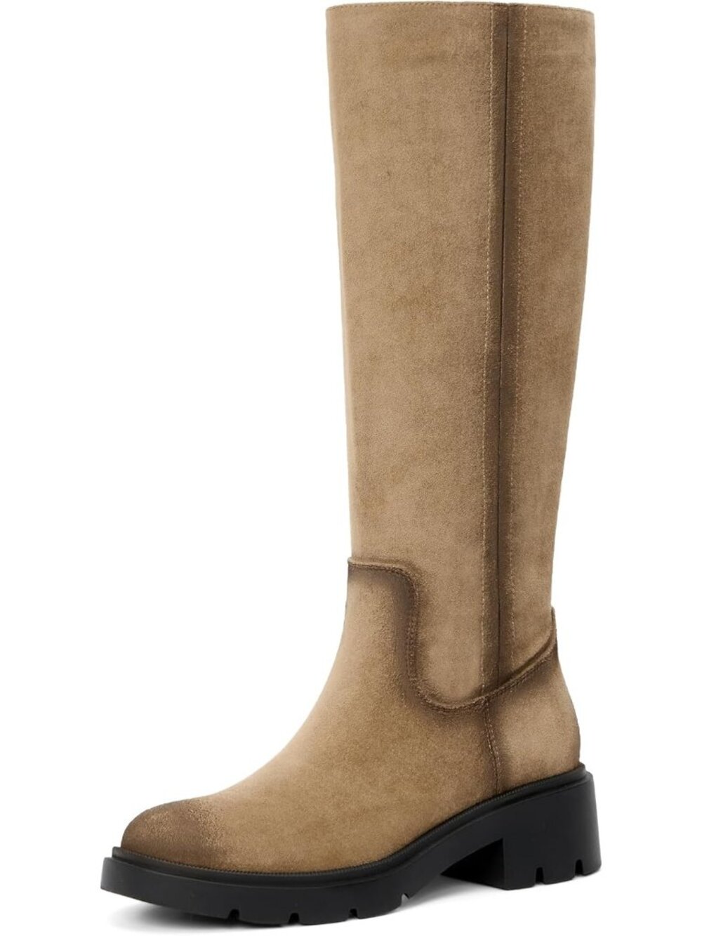 Women's Tan Faux Suede Wide Calf Round Toe Low Heel with Side Zipper Boots